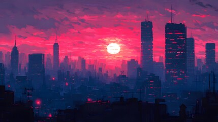 Fototapeta premium A vibrant sunset over a futuristic city skyline with dramatic colors.