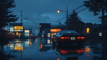 Obraz premium Sleek black sports car parked on a wet, neon-lit street under a rainy night sky.