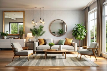 Fototapeta premium Modern Living Room Interior with Mirror, Stylish Decor, Open Space, Contemporary Design, Cozy Ambiance, Minimalist Aesthetic, Light and Airy Environment