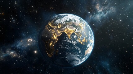 A stunning view of Earth from space, showcasing vibrant city lights at night.