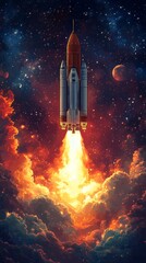 Fototapeta premium A space rocket launch in the desert, illustration style, digital art, high resolution, high detail, orange and blue tones, white clouds in background,