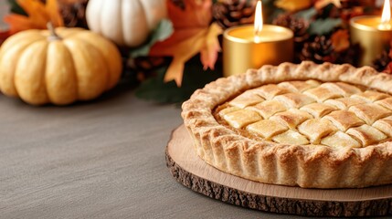 Homemade apple pie with autumn decor