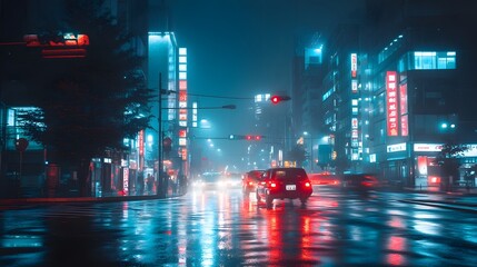 Fototapeta premium Neon-lit city street at night with cars and wet pavement reflecting colorful lights.