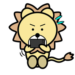 スマホゲームに熱中するライオン　イラスト