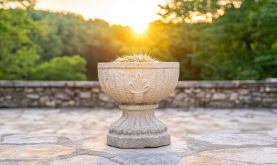 Stone bowl with wheat stalks against sunset landscape