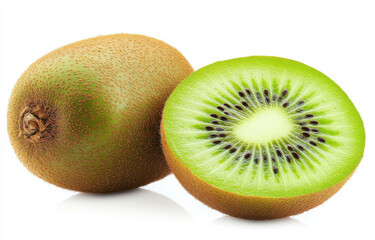 Obraz premium Fresh kiwi fruit, whole and sliced, showcasing vibrant green flesh and brown skin. Perfect for healthy snacks and smoothies