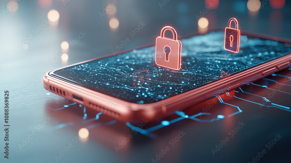 Poster smartphone displaying holographic security network with padlocks symbolizes digital protection and c