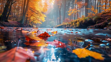 A tranquil river flowing through a dense forest, with colorful autumn leaves floating on the water.