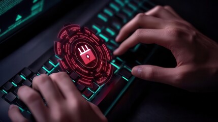 A dark-themed image of hands typing on a keyboard, featuring a glowing red emblem that suggests themes of technology and cybersecurity.