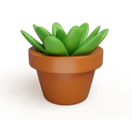 3d green plant in flower pot for home and office interior decor. Isolated succulent small foliage bush in brown ceramic flowerpot. Cute houseplant for house garden Cartoon render icon. 3D illustration
