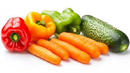 A colorful array of fresh vegetables including bell peppers, carrots, and cucumbers
