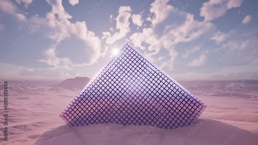 Poster experience a stunning futuristic prism structure situated within a captivating surreal landscape. 3d