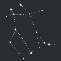 Gemini zodiac icon with line and point. Detailed flat vector illustration of the zodiac horoscope constellations on top of a dim star background. Hand drawn