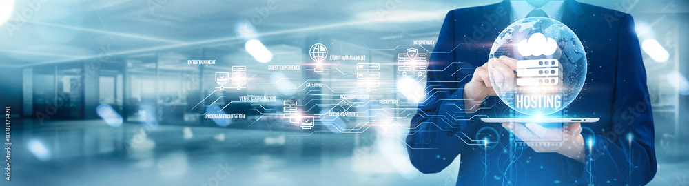 Aufkleber man using tablet with hosting, cloud computing solutions, data storage management, secure access pro