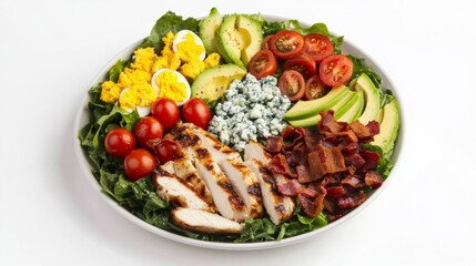 A colorful Cobb salad with mixed greens, grilled chicken breast, hard-boiled eggs
