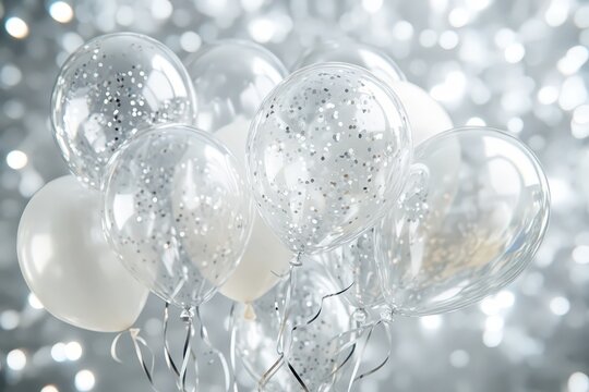 Sophisticated Silver Anniversary Card Design with Elegant Balloons and Confetti.