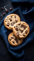 Naklejka premium Freshly baked chocolate chip cookies on a dark blue cloth.