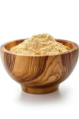 Wooden bowl with wheat flour isolated on white background