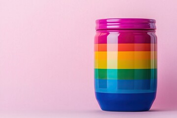 tumbler mockup and minimalist, A colorful jar featuring a gradient of rainbow colors against a soft pink background, symbolizing diversity and inclusivity.