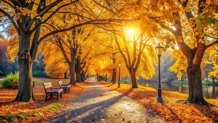 Fototapeta premium Serene Autumn Day in Park with Golden Leaves Falling, Capturing Nature's Beauty in a Tranquil Setting, Perfect for Fall Photography and Seasonal Landscapes