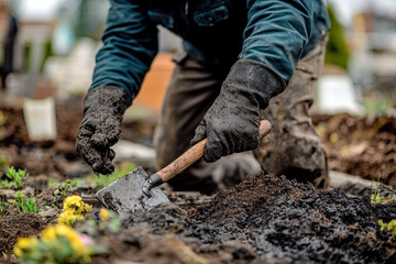Professional gravedigger preparing tools for work in a cemetery