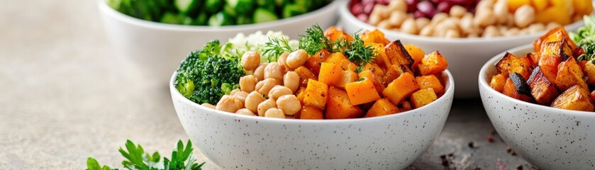 Colorful bowls of healthy salad ingredients on a rustic surface, perfect for a nutritious meal.