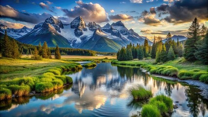 Fototapeta premium Serene Mountain Landscape with River and Wildlife, Majestic Peaks, Tranquil Waters, Lush Greenery, Nature's Beauty, Scenic Views, Rich Ecosystem, Peaceful Wilderness, Wildlife Habitat