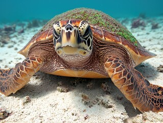 Fototapeta premium Close-up of a colorful sea turtle swimming underwater