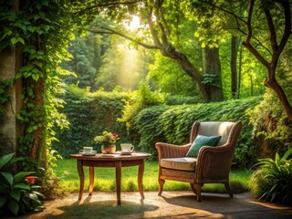 Obraz premium Serene Reading Nook in Nature - Tranquil Alcove for Research and Reflection