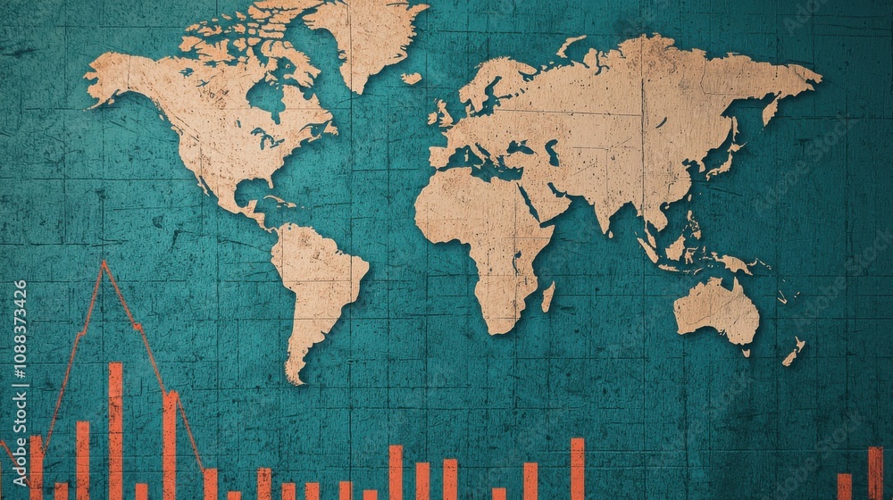 Poster a world map on a textured teal background, overlaid with orange bar graphs, symbolizing global data 