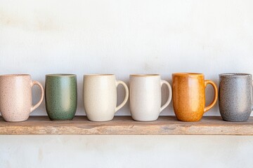 Assortment of colorful ceramic mugs on wooden shelf