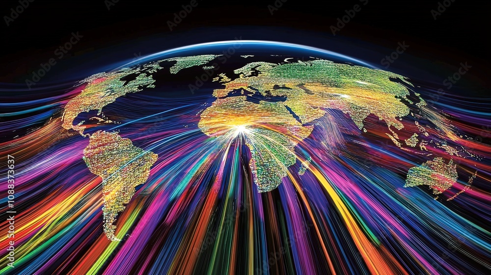 Aufkleber colorful light streaks emanating from a sparkling world map, symbolizing global connection and commu