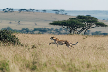 Cheetah sprinting across the grasslands in pursuit of prey