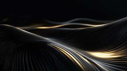 Abstract flowing matte gold and black curves creating dynamic, elegant wave pattern. smooth lines and subtle lighting evoke sense of movement and sophistication