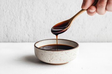 Pouring dark syrup into bowl. Perfect for food blogs, recipes, or culinary websites needing visual appeal.
