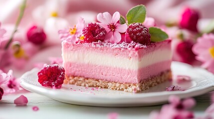 Delicate pink raspberry mousse cake slice adorned with fresh flowers on a white plate.
