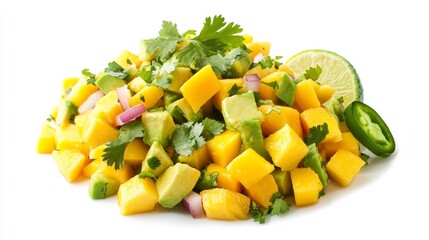 A colorful mango avocado salsa with diced mango, avocado, red onion
