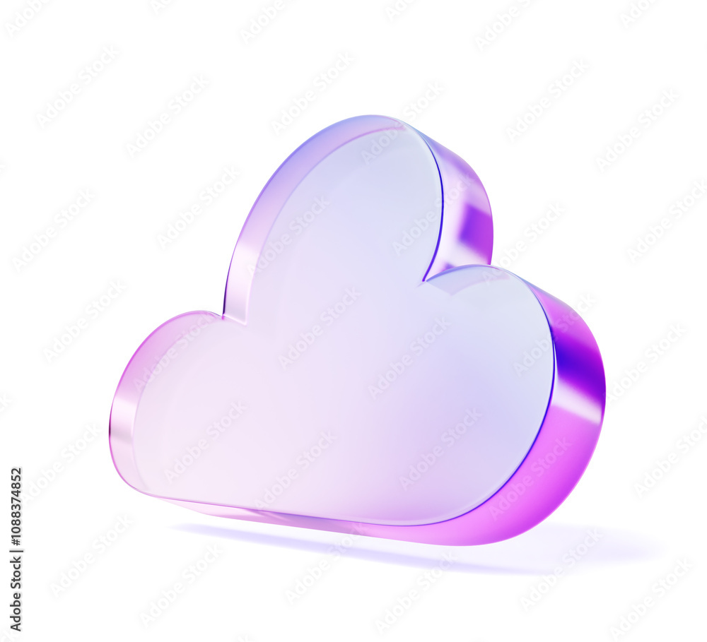 Poster 3d glass holographic purple cloud icon render. concept of digital data, cloud computing technology s