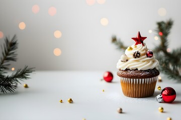 New Year cupcake decorate Christmas theme with space above for text, Festive message, New Year wishes
