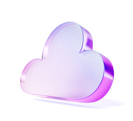 3d glass holographic purple cloud icon render. Concept of digital data, cloud computing technology service, database server, security information storage, network system, web hosting. 3D illustration