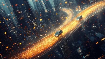 Many new energy cars speed along the winding road, which twists and turns like a tornado, with each car leaving a trail of gold coins behind. 