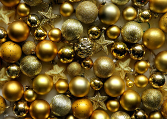 full frame, gold Christmas decorations, ornaments and baubles