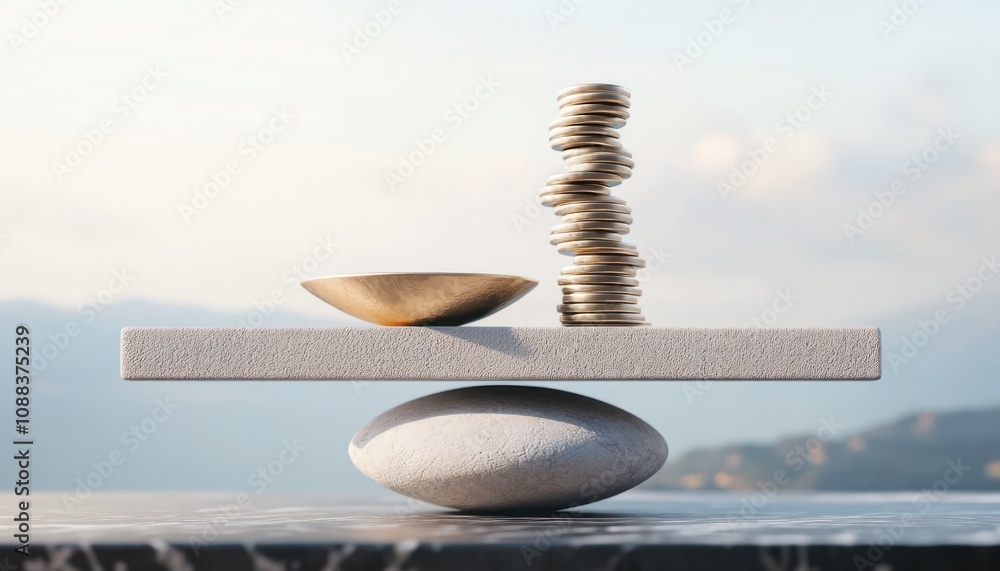 Poster visual representation in 3d of balancing investment risks with rewards.