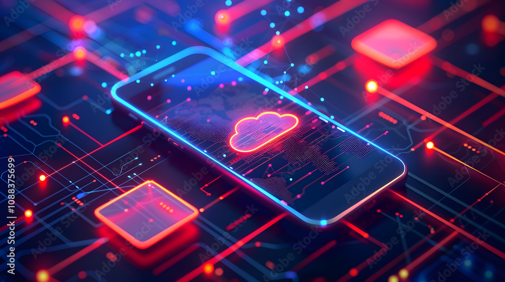 Poster mobile technology isometric concept. phone communication with internet services all over world. ai, 