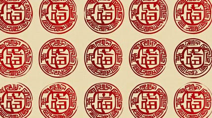 Obraz premium Red Chinese Character Seals Pattern on Beige Background