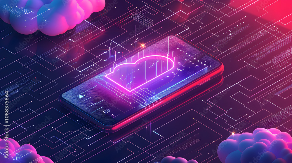 Poster mobile technology isometric concept. phone communication with internet services all over world. ai, 