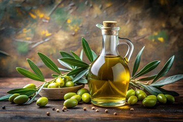 Olive oil. A glass bottle of olive oil is displayed alongside fresh olives and green leaves, set against a textured background