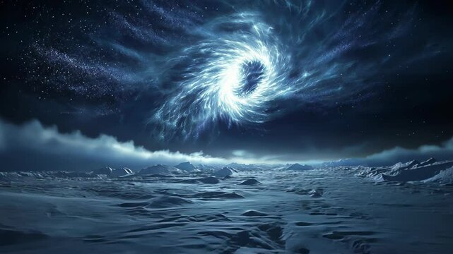 Mystical dragon head materializes through swirling aurora-lit clouds above desolate frozen landscape. Ethereal blue lighting illuminates jagged ice formations below. 