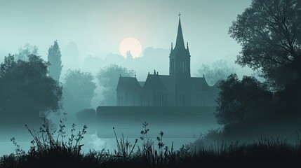 Fototapeta premium A Church Silhouetted in Fog with a Faintly Visible Sun in the Distance