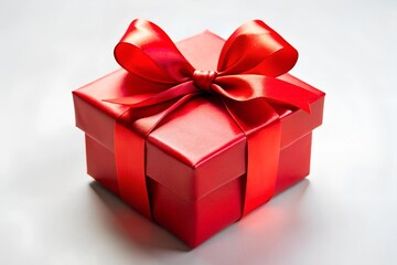 Fototapeta premium A single red gift box with a vibrant red bow tied on top, set against a bright white background, symbolizing celebration and joy